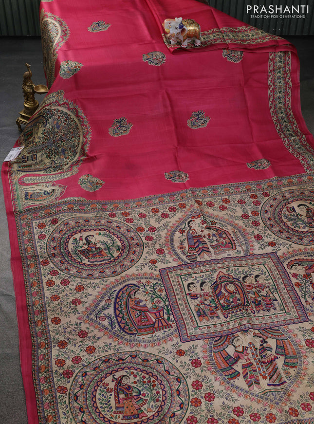Tussar madhubani printed silk saree pink and cream with butta prints and printed border