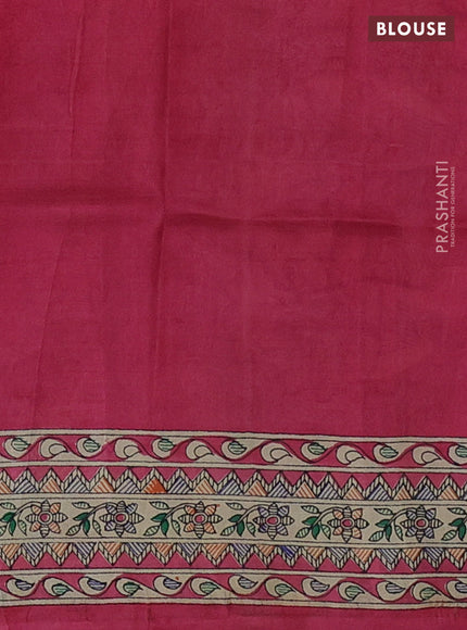 Tussar madhubani printed silk saree pink and cream with butta prints and printed border