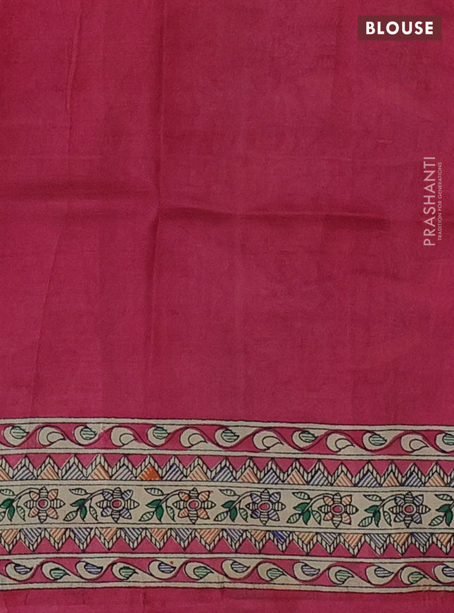 Tussar madhubani printed silk saree pink and cream with butta prints and printed border