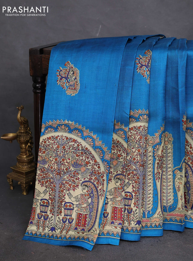 Tussar madhubani printed silk saree cs blue and cream with butta prints and printed border