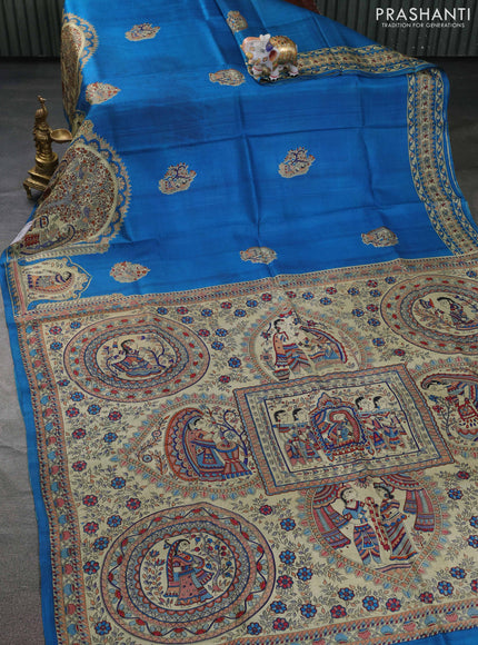 Tussar madhubani printed silk saree cs blue and cream with butta prints and printed border