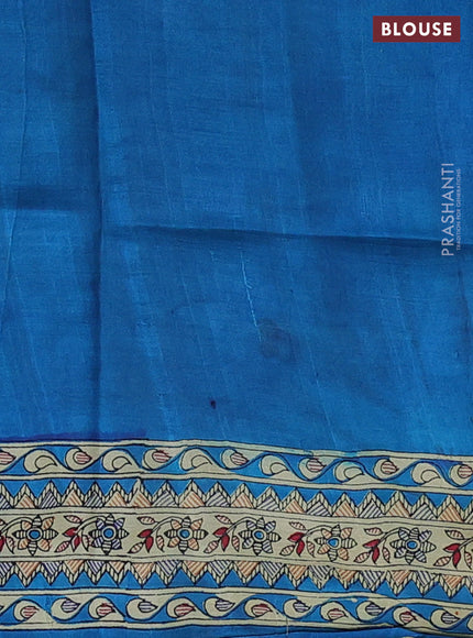Tussar madhubani printed silk saree cs blue and cream with butta prints and printed border