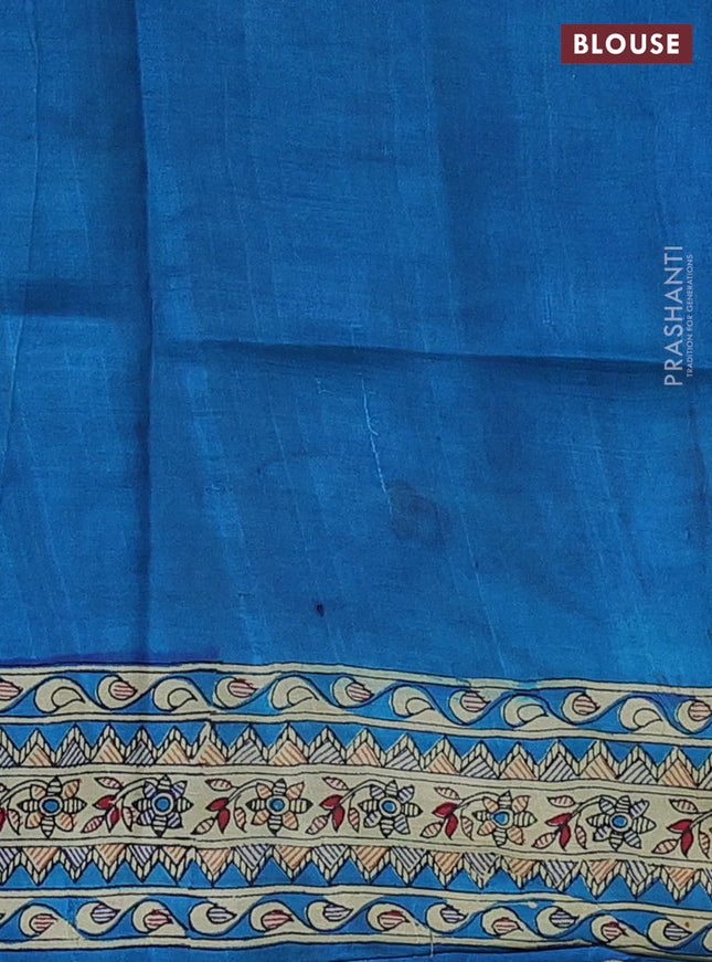Tussar madhubani printed silk saree cs blue and cream with butta prints and printed border