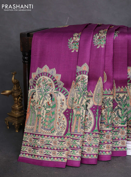 Tussar madhubani printed silk saree purple and cream with butta prints and printed border