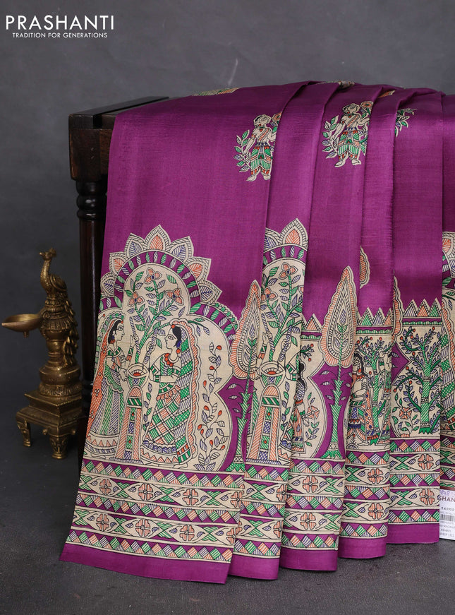 Tussar madhubani printed silk saree purple and cream with butta prints and printed border