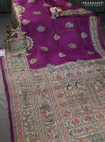Tussar madhubani printed silk saree purple and cream with butta prints and printed border