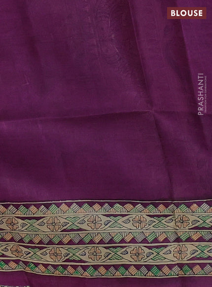 Tussar madhubani printed silk saree purple and cream with butta prints and printed border