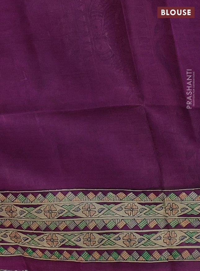 Tussar madhubani printed silk saree purple and cream with butta prints and printed border