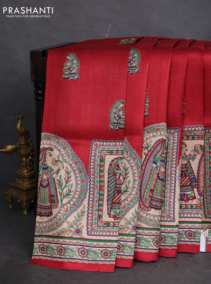 Tussar madhubani printed silk saree maroon and cream with butta prints and printed border