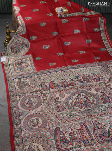 Tussar madhubani printed silk saree maroon and cream with butta prints and printed border