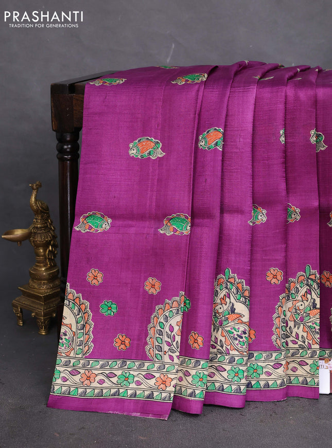 Tussar madhubani printed silk saree purple and cream with butta prints and printed border