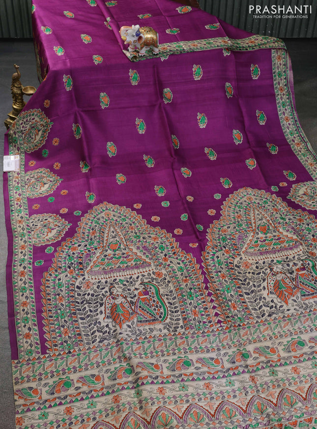 Tussar madhubani printed silk saree purple and cream with butta prints and printed border