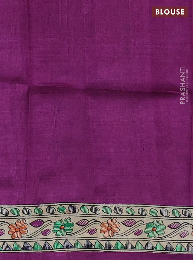 Tussar madhubani printed silk saree purple and cream with butta prints and printed border