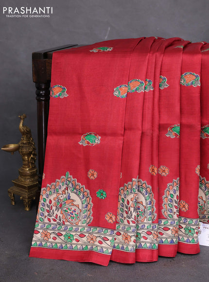 Tussar madhubani printed silk saree maroon and cream with butta prints and printed border