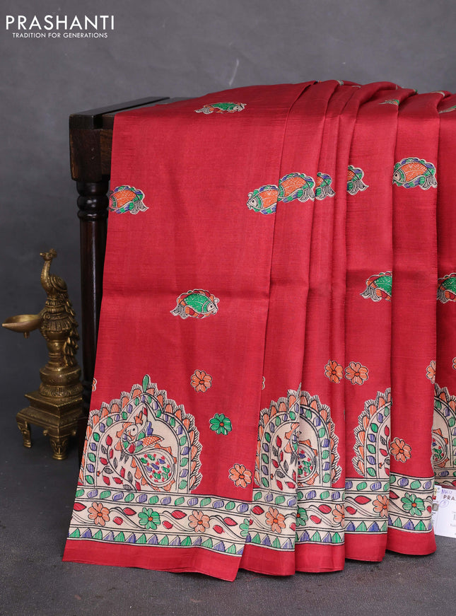 Tussar madhubani printed silk saree maroon and cream with butta prints and printed border