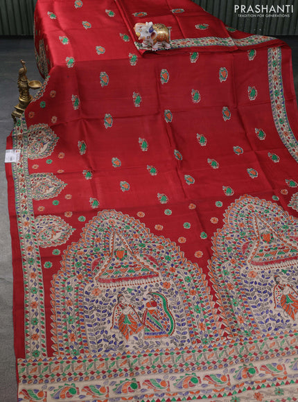 Tussar madhubani printed silk saree maroon and cream with butta prints and printed border