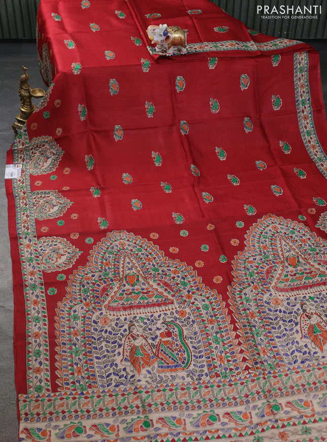 Tussar madhubani printed silk saree maroon and cream with butta prints and printed border