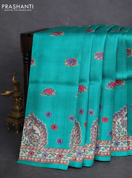 Tussar madhubani printed silk saree teal green and cream with butta prints and printed border