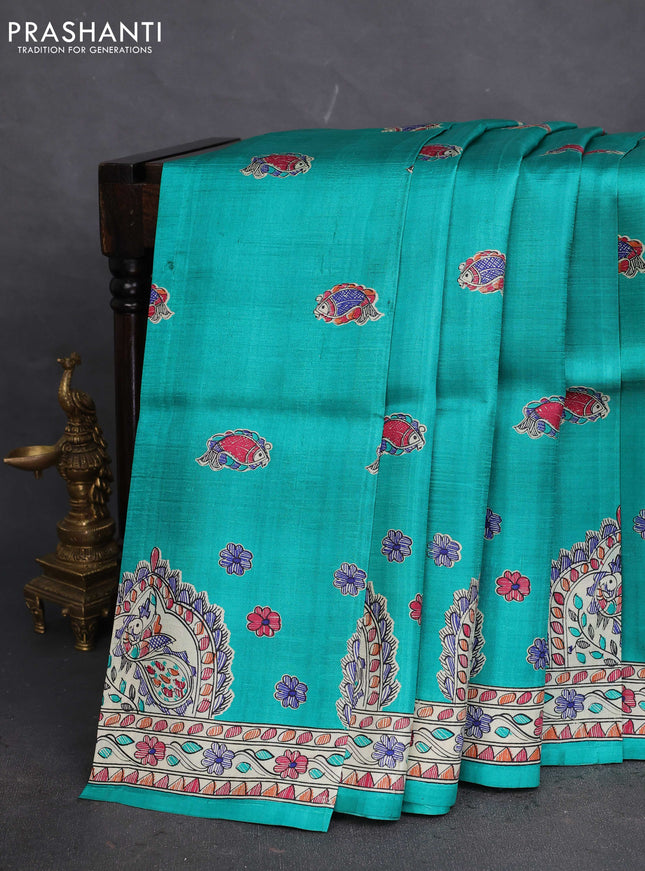 Tussar madhubani printed silk saree teal green and cream with butta prints and printed border