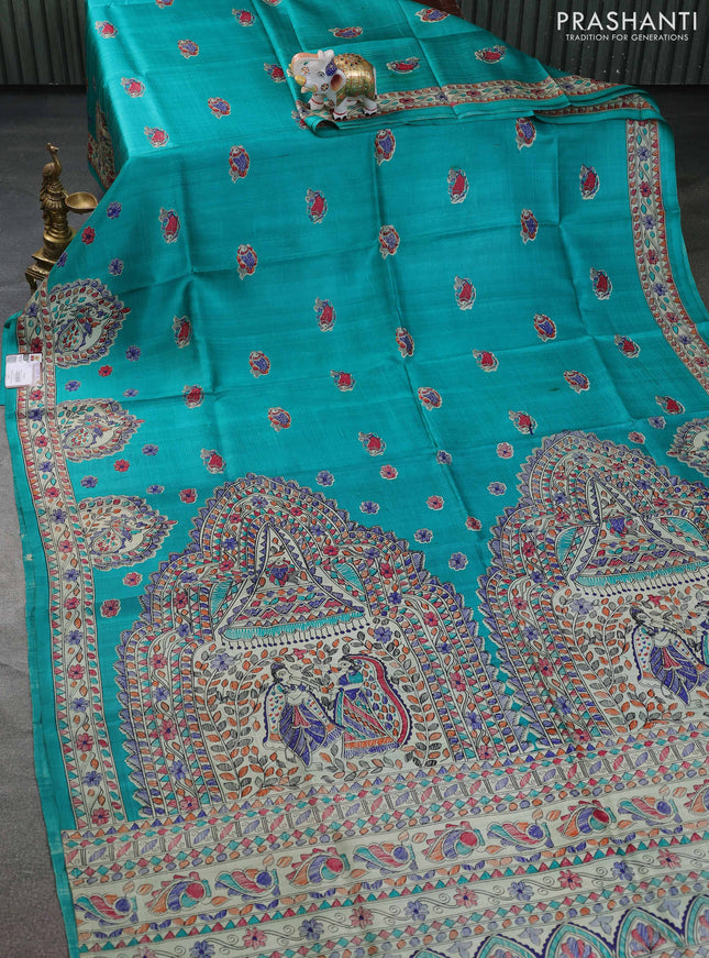 Tussar madhubani printed silk saree teal green and cream with butta prints and printed border