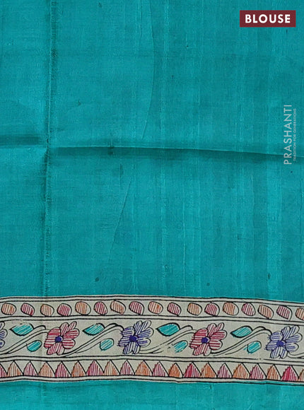 Tussar madhubani printed silk saree teal green and cream with butta prints and printed border