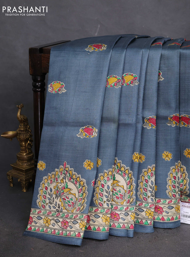 Tussar madhubani printed silk saree elephant grey and cream with butta prints and printed border
