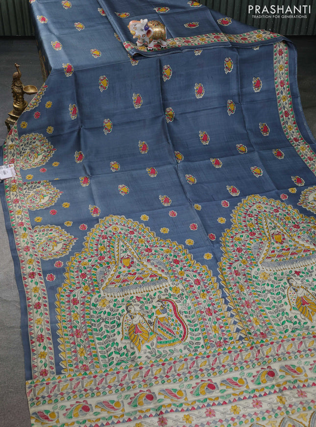 Tussar madhubani printed silk saree elephant grey and cream with butta prints and printed border