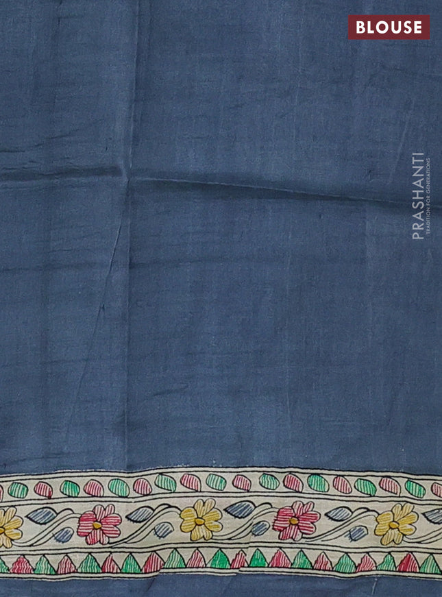 Tussar madhubani printed silk saree elephant grey and cream with butta prints and printed border