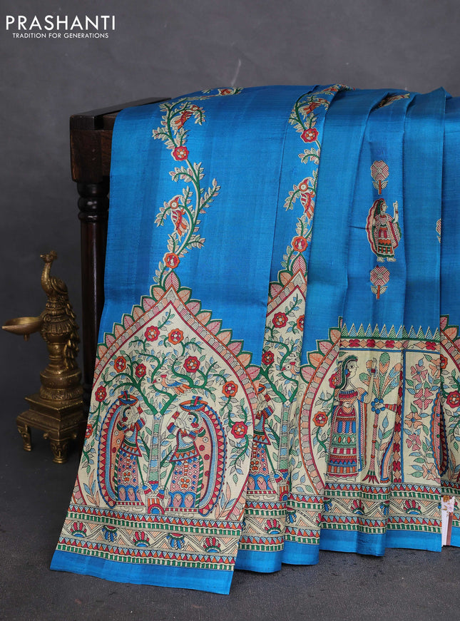 Tussar madhubani printed silk saree cs blue and cream with butta prints and printed border