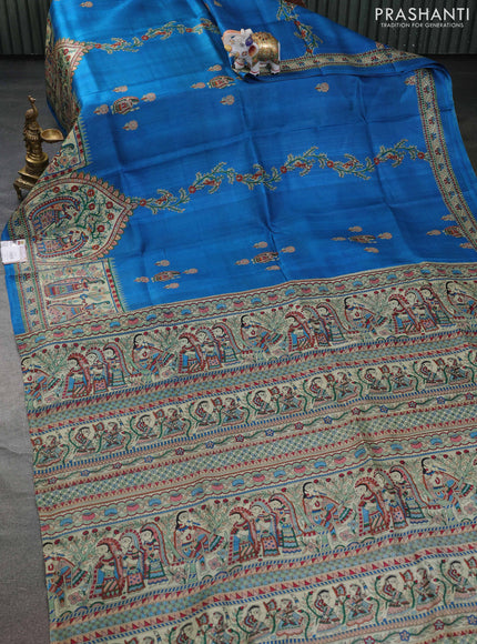 Tussar madhubani printed silk saree cs blue and cream with butta prints and printed border