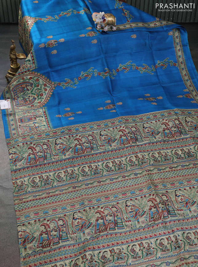 Tussar madhubani printed silk saree cs blue and cream with butta prints and printed border