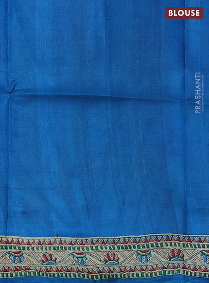 Tussar madhubani printed silk saree cs blue and cream with butta prints and printed border