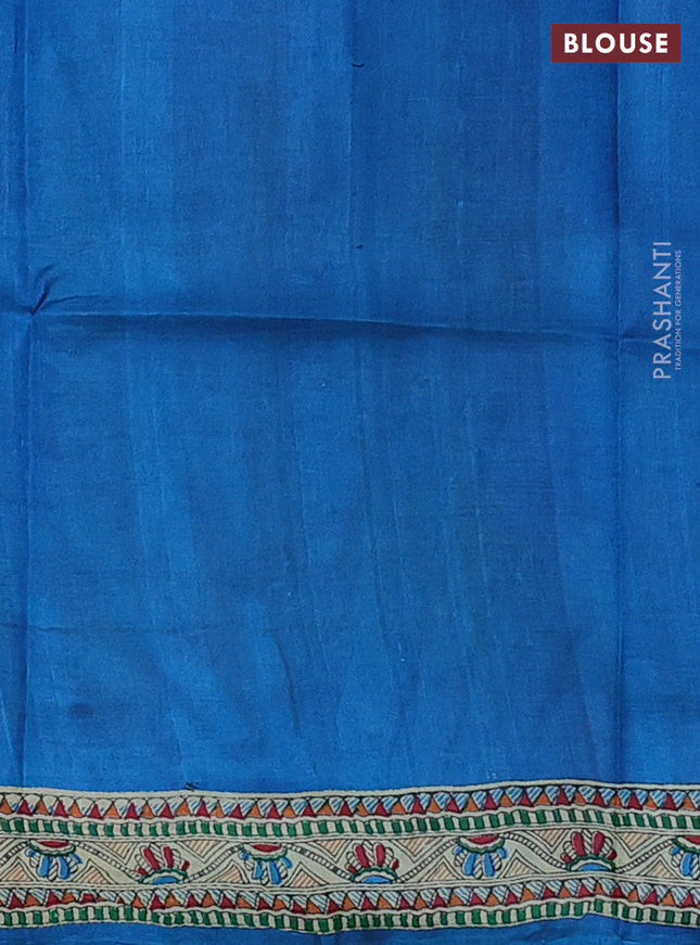 Tussar madhubani printed silk saree cs blue and cream with butta prints and printed border