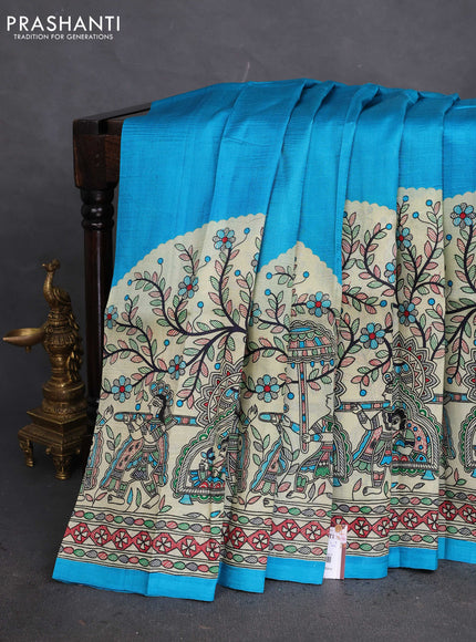 Tussar madhubani printed silk saree cs blue and cream with allover prints and printed border