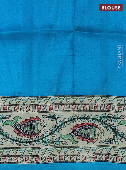 Tussar madhubani printed silk saree cs blue and cream with allover prints and printed border