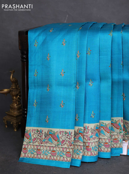 Tussar madhubani printed silk saree cs blue and cream with butta prints and printed border
