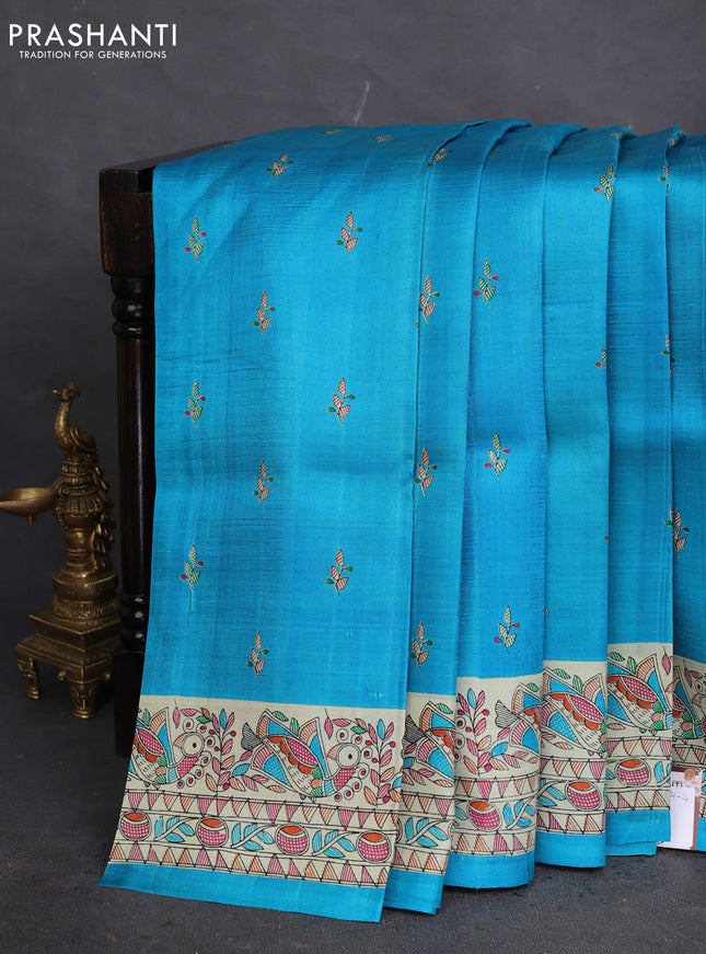 Tussar madhubani printed silk saree cs blue and cream with butta prints and printed border