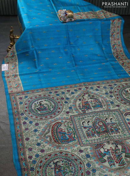 Tussar madhubani printed silk saree cs blue and cream with butta prints and printed border
