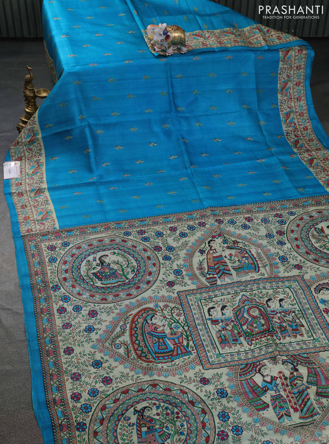 Tussar madhubani printed silk saree cs blue and cream with butta prints and printed border