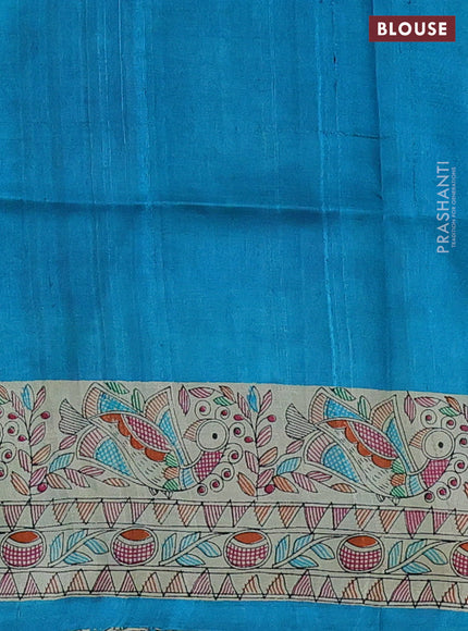 Tussar madhubani printed silk saree cs blue and cream with butta prints and printed border
