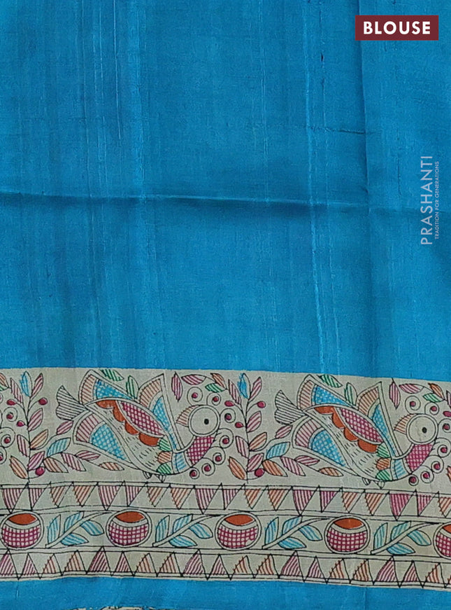 Tussar madhubani printed silk saree cs blue and cream with butta prints and printed border