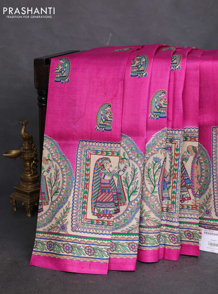 Tussar madhubani printed silk saree pink and cream with butta prints and printed border