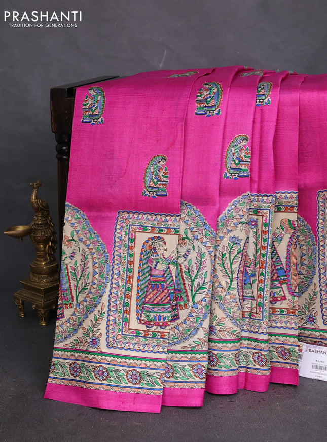 Tussar madhubani printed silk saree pink and cream with butta prints and printed border