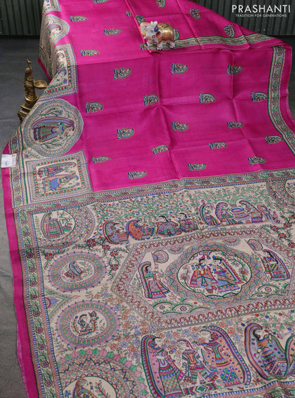 Tussar madhubani printed silk saree pink and cream with butta prints and printed border