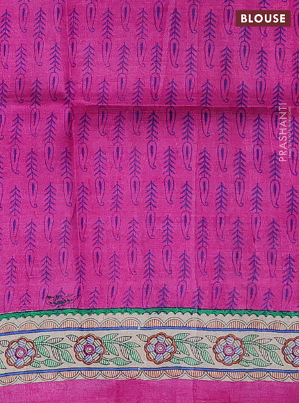 Tussar madhubani printed silk saree pink and cream with butta prints and printed border