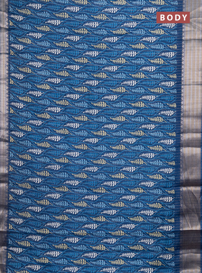 Semi dola saree peacock blue with allover zari weaves & leaf prints and zari woven border