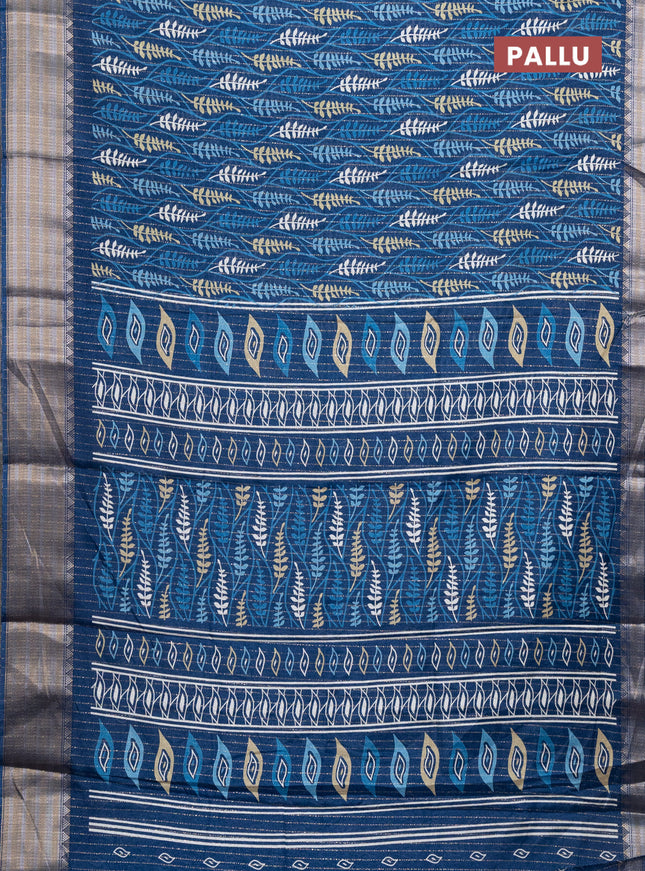 Semi dola saree peacock blue with allover zari weaves & leaf prints and zari woven border