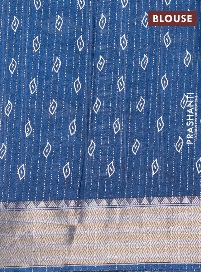 Semi dola saree peacock blue with allover zari weaves & leaf prints and zari woven border