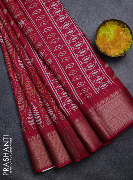 Semi dola saree pink with allover zari weaves & leaf prints and zari woven border