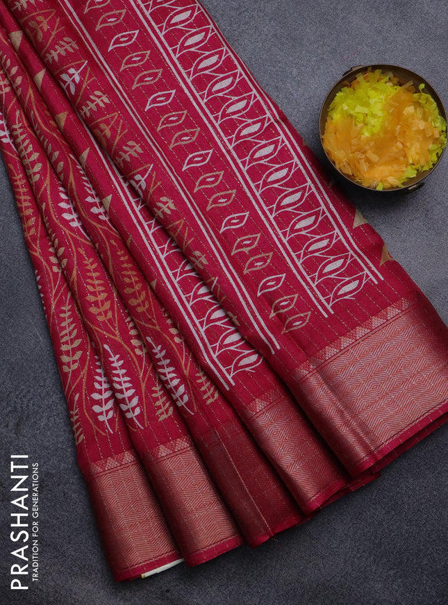 Semi dola saree pink with allover zari weaves & leaf prints and zari woven border